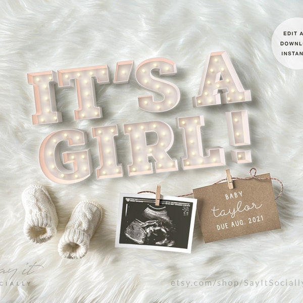 Marquee Girl Digital Pregnancy Announcement for Social Media, Digital Gender Reveal, Facebook, Instagram, It’s a Girl Editable Birth Reveal