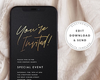 Modern Gold Foil Business Invitation Template, Editable Text Message Invite, Digital Download, Any Event Invite, Black Luxury Formal Evite