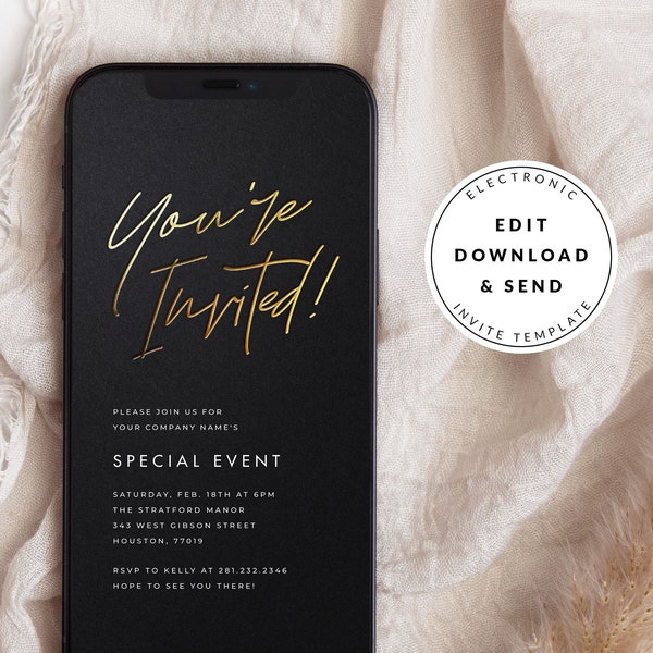 Modern Gold Foil Business Invitation Template, Editable Text Message Invite, Digital Download, Any Event Invite, Black Luxury Formal Evite