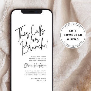 Moderne digitale Geburtstagsbrunch-Einladungsvorlage, bearbeitbare Mobile-Einladung, dies erfordert Brunch, einfache minimale Brunch-Partytext-Evite