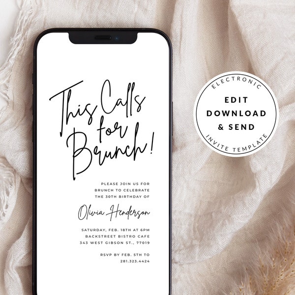 Modern Digital Birthday Brunch Invitation Template, Editable Mobile Invite, This Calls for Brunch, Simple Minimal Brunch Party Text Evite