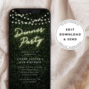 Peut inclure: Un smartphone affiche une invitation numérique pour un dîner. L'invitation présente les mots "Dinner Party" en vert néon, avec les détails de l'événement et un fond vert texturé. Un graphique circulaire indique "Electronic Edit Download & Send Invite Template."