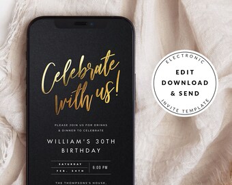 Goldfolie Party Einladung Vorlage, bearbeitbare Textnachricht Einladung, digitaler Download, moderne schwarz weiß gold, elektronische Geburtstagseinladung