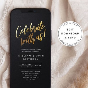 Gold Foil Party Invitation Template, Editable Text Message Invitation, Digital Download, Modern Black White Gold, Electronic Birthday Invite