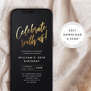 Gold Foil Party Invitation Template, Editable Text Message Invitation, Digital Download, Modern Black White Gold, Electronic Birthday Invite