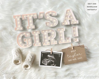 Marquee Girl Digital Pregnancy Announcement for Social Media, Digital Gender Reveal, Facebook, Instagram, It’s a Girl Editable Birth Reveal