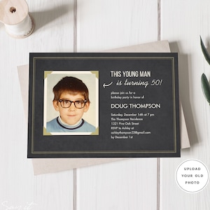 Modèle d'invitations d'anniversaire vieille photo drôle, téléchargement imprimable, invitation numérique unique pour homme, dîner d'anniversaire, cartes bricolage modifiables