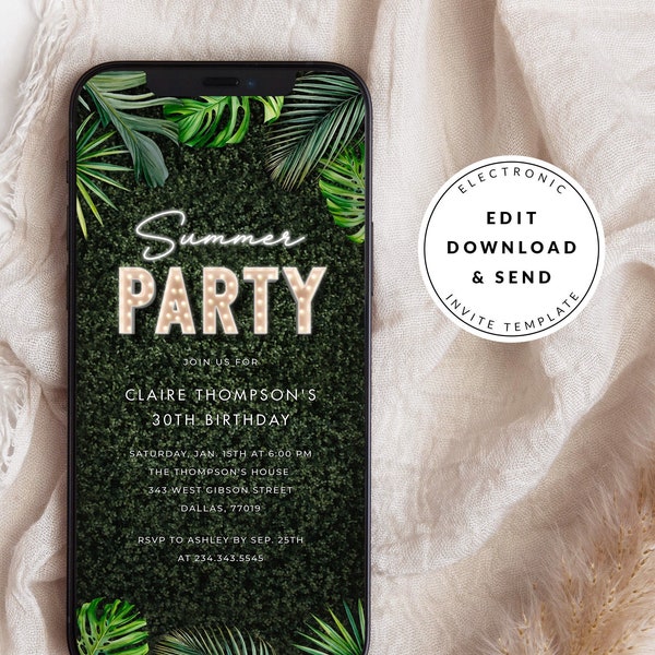 Marquee Summer Party Invitation, Digital Mobile Text Message Invite, Tropical Invitation, Pool Party, Beach Invitation, Hawaiian Luau Invite