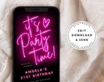 Pink Neon Light Digital Birthday Invitation Template, Text Message Phone Invite, Hot Pink Glow, Teen Party, Girl Party, Any Age Mobile Evite