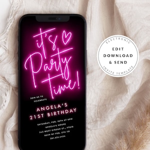 Pink Neon Light Digital Birthday Invitation Template, Text Message Phone Invite, Hot Pink Glow, Teen Party, Girl Party, Any Age Mobile Evite