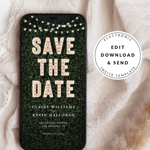 Marquee Greenery Electronic Save The Date Evite, Smartphone Text Message Invitation, Digital Save the Date Template, Phone Wedding Ecard