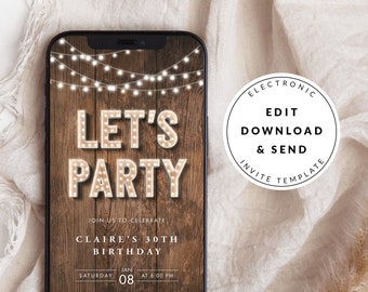Rustic Digital Party Invite, Marquee Lights, Electronic Phone Invitation, Backyard Party, Rustic Invitation Template Download, Corjl Evite