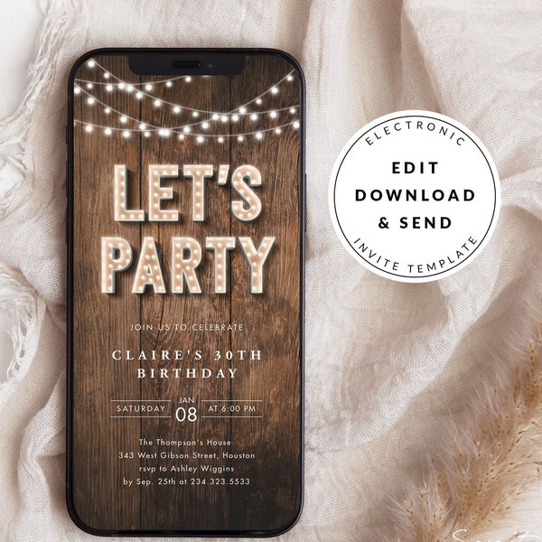 Rustic Digital Party Invite, Marquee Lights, Electronic Phone Invitation, Backyard Party, Rustic Invitation Template Download, Corjl Evite