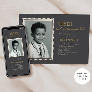 Faire-part d'anniversaire photo amusant pour hommes et femmes, tout âge, 30, 40, 50, 60, 70, 80 ans, invitation numérique, modèle modifiable à télécharger