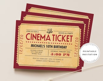 Retro Movie Ticket Invitation template, Movie night Invites, Editable Cinema Ticket, Digital Template, Printable Card, Theater Invitation