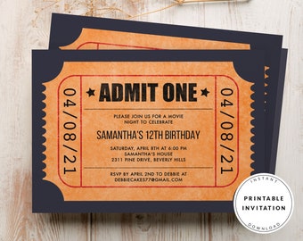 Movie Ticket Invitations Template, Admit One Invitation, Birthday Ticket Invitations, Party Invite, Invitations for Movie Party for kids