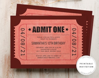 Red Admit One Ticket Invitations template, Show Ticket Invite for Party, Printable Event Ticket, Birthday Party Ticket, For Boy or Girl