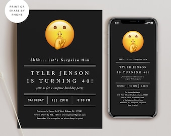 Emoj Surprise Birthday Invitation for Men or Women, Printable Digital Invite, Mobile Phone Invite, Black Unique Surprise Party Invitation