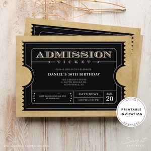Schwarze Ticket-Einladungen, Party-Einladungen, Vintage-Einladung im Ticket-Stil, druckbare Veranstaltungstickets, einzigartige Einladungen, bearbeitbare Vorlage