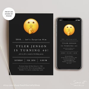 May include: Black and white printable invitation with a yellow emoji with a finger over its mouth. The invitation says "Shhh... Let's Surprise Him" and "Tyler Jensen is turning 40!" with details for a surprise birthday party.