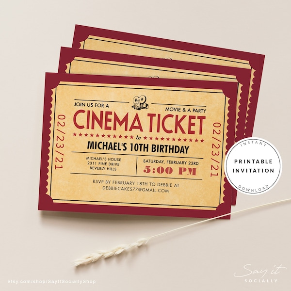 Retro Movie Ticket Invitation template, Movie night Invites, Editable Cinema Ticket, Digital Template, Printable Card, Theater Invitation