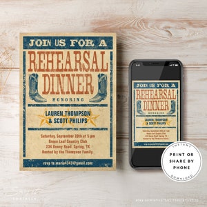 Western Rustic Rehearsal Dinner Invitation, Printable Template, Country Rehearsal BBQ, Digital Invitations, Wedding Party, DIY Phone Evite