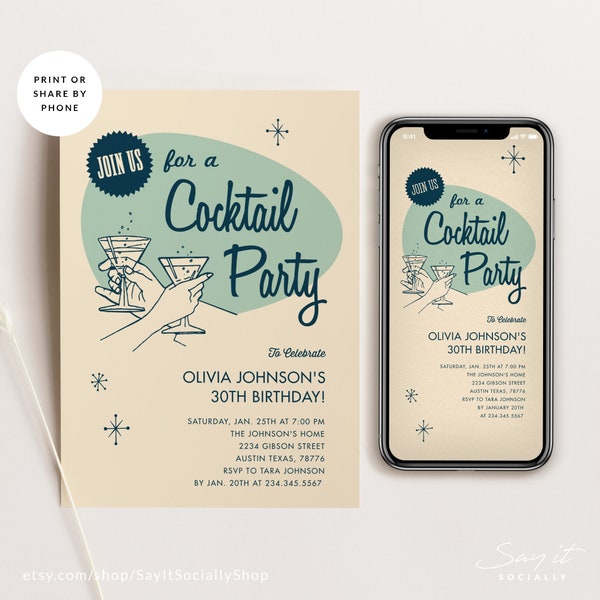 Retro Cocktail Party Invitation Template, Any Occasion, Printable Download, Electronic Evite, Digital Invite, Text Message E-Invite, DIY