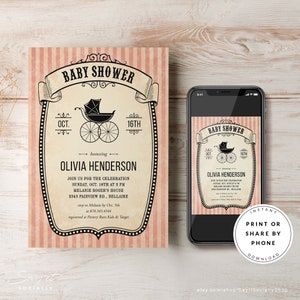 Victorian Vintage Baby Shower Invitation Girl, Digital Download, Printable Template, Blush Pink Girl Baby Shower Invites, Parisian, DIY
