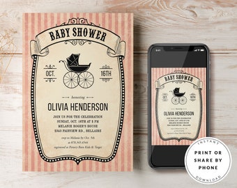 Victorian Vintage Baby Shower Invitation Girl, Digital Download, Printable Template, Blush Pink Girl Baby Shower Invites, Parisian, DIY
