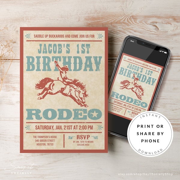 Cowboy Birthday Invitation, Country Western theme, Birthday Rodeo, Printable Electronic Invitation Download, Digital Invite, DIY Editable