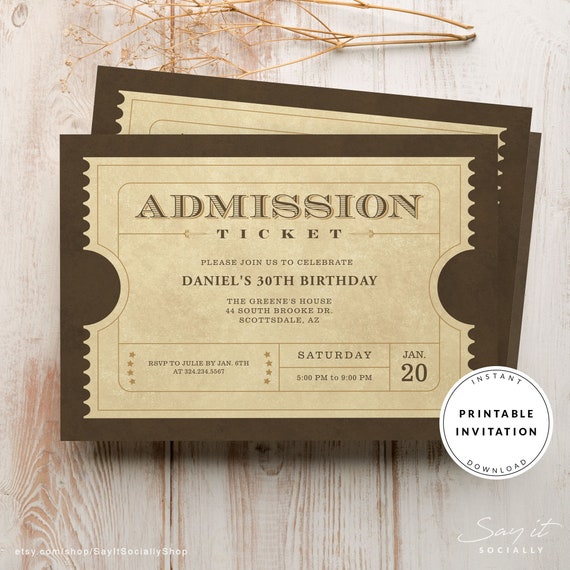 Genuine Admission Ticket Invitations, Party Invite, Vintage 
