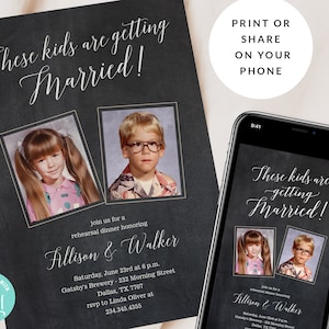Fun Rehearsal Dinner Invitation template,  Printable Invitations, Evite, Digital Wedding Rehearsal Dinner Invite, Old Childhood Photos