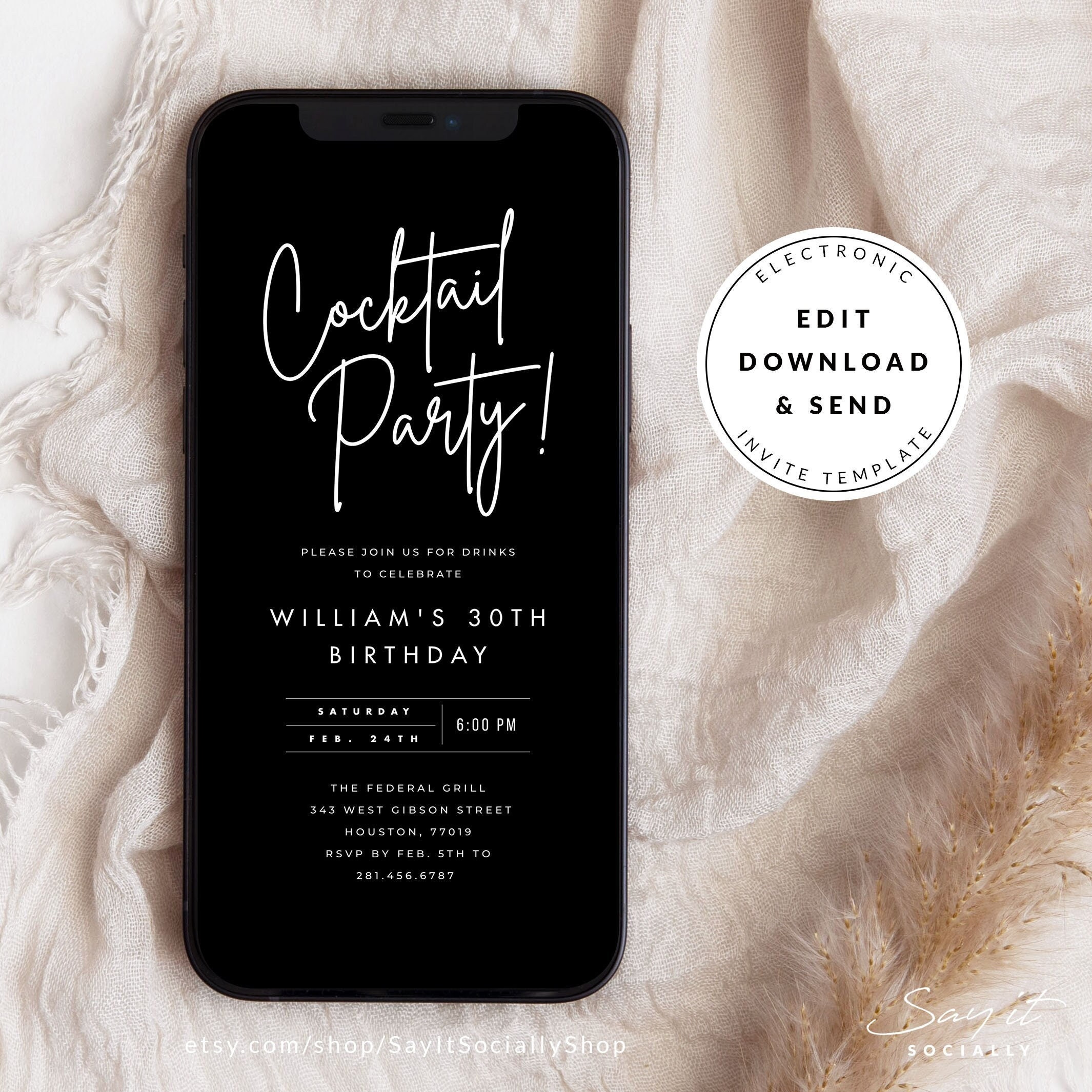 Minimal Cocktail Party Text Message Invitation Template, Editable Download, Electronic Cocktail Invitations, Happy Hour Mobile Phone Evite
