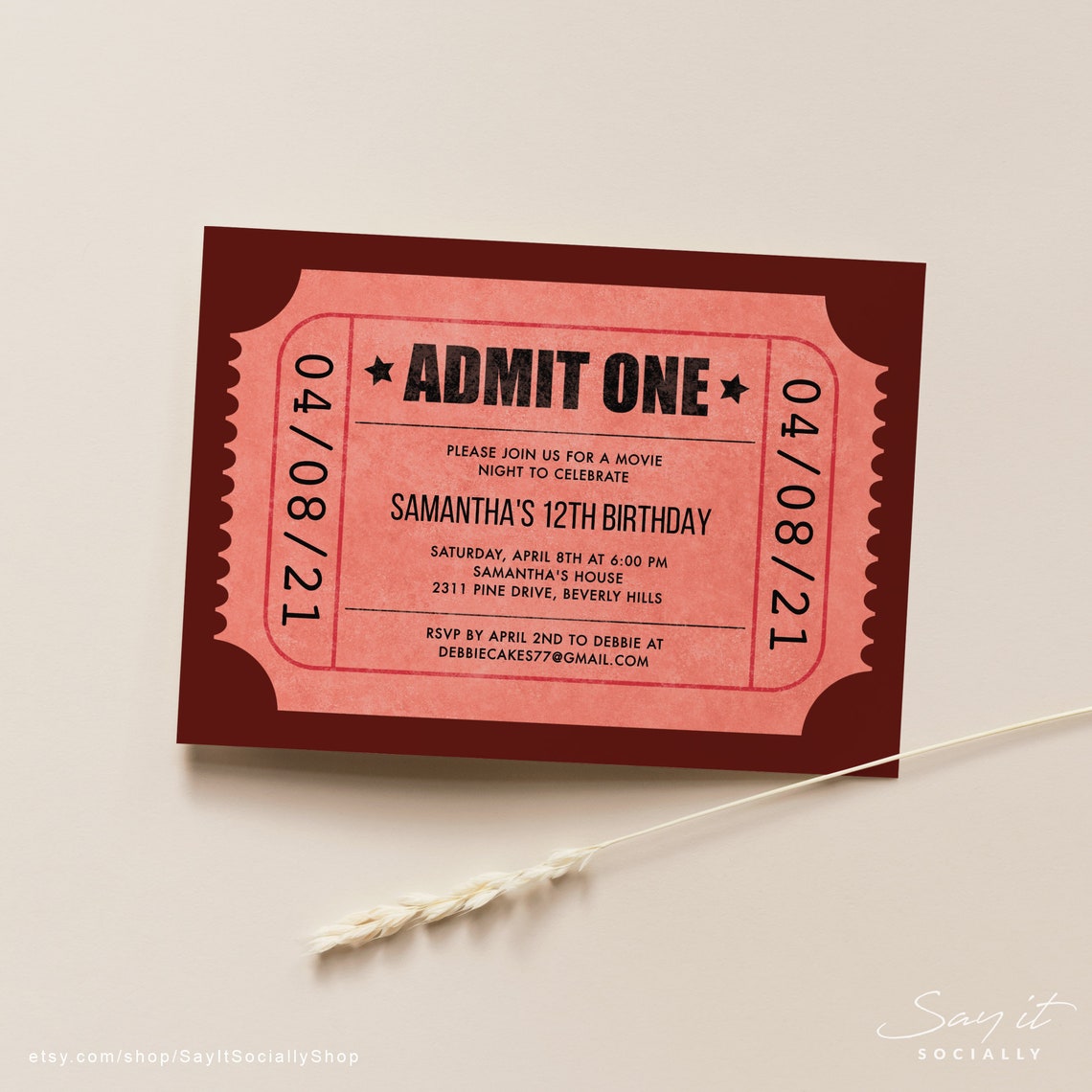Red Admit One Ticket Invitations Template Show Ticket Invite | Etsy