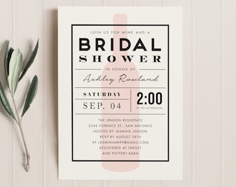 Modern Wine Bridal Shower Invitation Template, Printable Digital Invitation Download, Wine Tasting Bridal Shower Invite, Boho Wine Themed