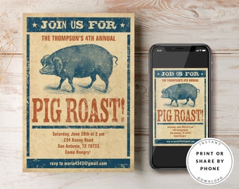 Puede incluir: Una invitación de estilo vintage para un asado de cerdo. La invitación presenta un cerdo de dibujos animados en azul y blanco, con el texto "Join Us For The Thompson's 4th Annual Pig Roast!" en rojo y blanco. La invitación incluye la fecha, la hora, la dirección y la información de RSVP.