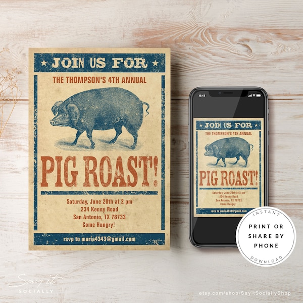 Pig Roast Invitation, Editable Printable Download Template, Digital Evite, Any Occasion BBQ Pig Roast Party Invite, Hog Roast Barbeque