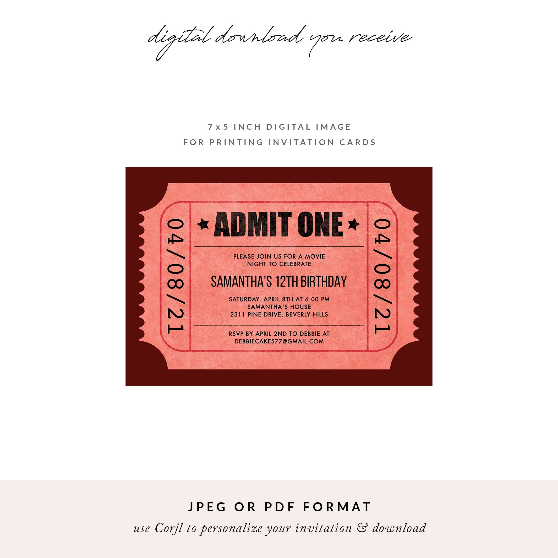 Red Admit One Ticket Invitations Template, Show Ticket Invite for Party ...