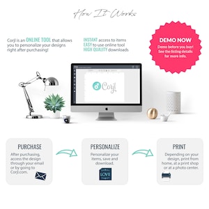 May include: How to use Corjl, an online design tool.  The image shows a computer screen with the Corjl logo, a purchase button, a personalize button, and a print button.  The text on the screen says "Corjl is an ONLINE TOOL that allows you to personalize your designs right after purchasing!"