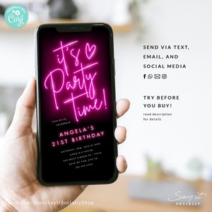 Pink Neon Light Digital Birthday Invitation Template, Text Message ...