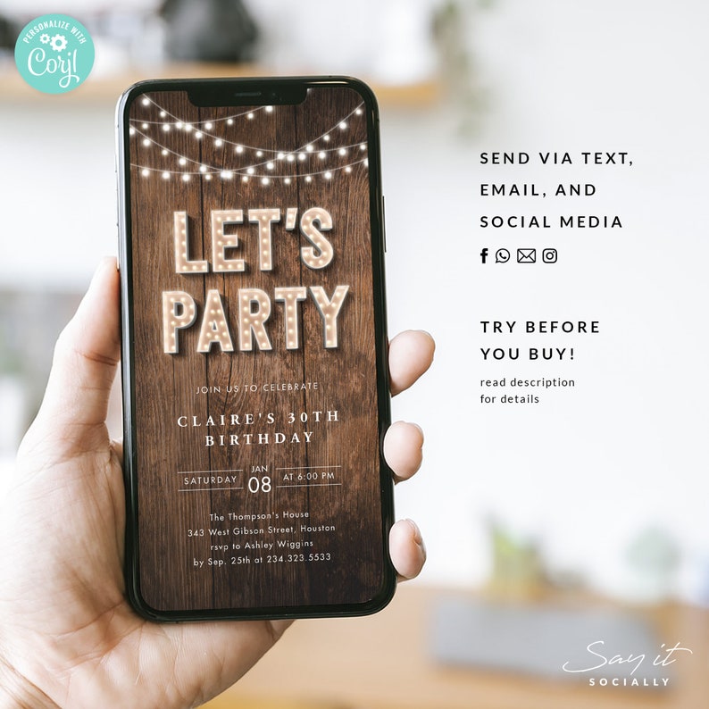 May include: A smartphone displays a birthday party invitation with the words "LET'S PARTY" in illuminated letters. The invitation includes event details against a wood-grain background, with string lights across the top. Text on the right side promotes sharing via text, email, and social media.