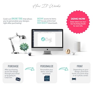 May include: An image showing the steps to use an online design tool. A computer monitor displays the tool's interface. Text includes "Purchase," "Personalize," and "Print." A pink starburst reads "Demo Now."
