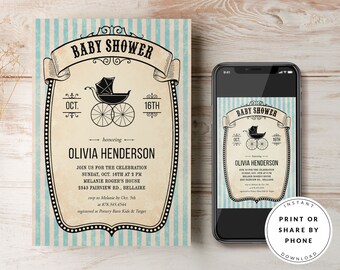 Victorian Vintage Baby Shower Invitation Boy, Descarga digital, Plantilla imprimible, Invitaciones electrónicas de baby shower azul, DIY editable