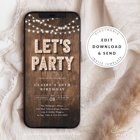 Rustic Digital Party Invite, Marquee Lights, Electronic Phone Invitation, Backyard Party, Rustic Invitation Template Download, Corjl Evite