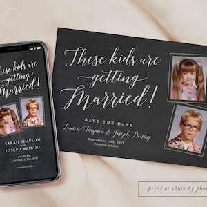 Modelo engraçado de Save the Date, convite para imprimir, convite digital Save the Date, convites eletrônicos, foto antiga da infância, cartão de casamento