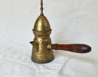 Vintage Brass Arabic Dallah Coffee Pot with Wooden Handle and Floral Etching