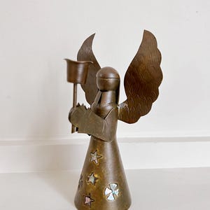 Vintage Brass Christmas Angel Candle Stick Holder with Mother of Pearl Inlay