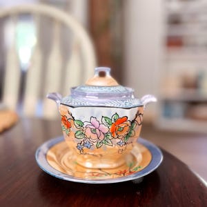 Vintage Tashiro Shoten Hand-Painted Lusterware Sugar Bowl with Lid and Plate