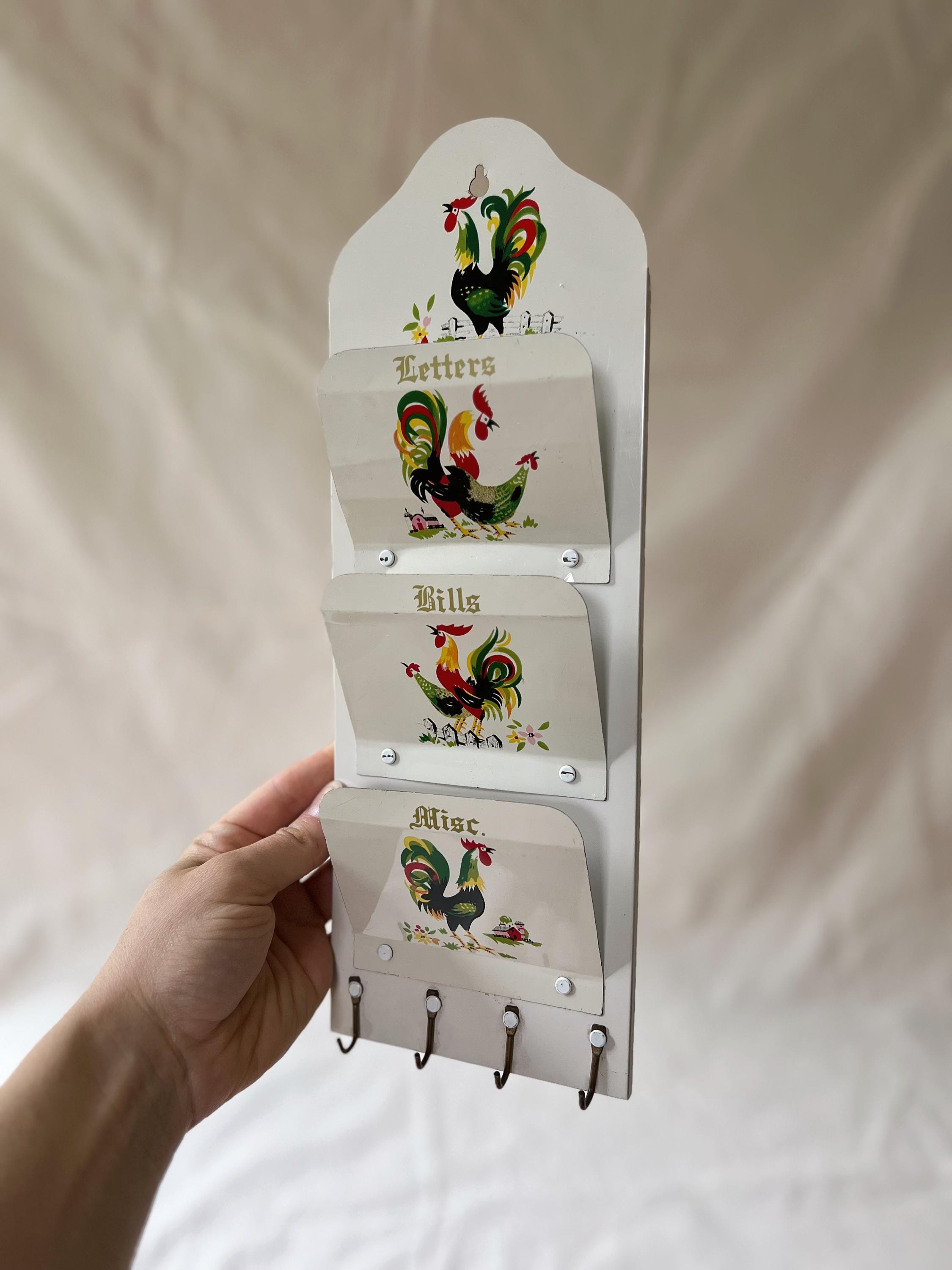 Vintage Tin Rooster and Chicken Mail Organizer and Key Holder