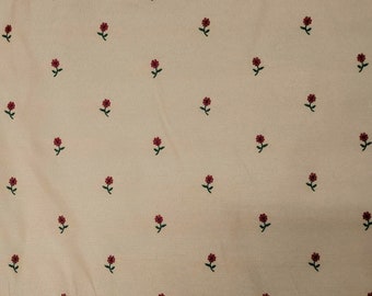 Vintage Pale Yellow with embroidered Red Flowers Fabric, Cotton, by the yard, Upholstery and Drapery